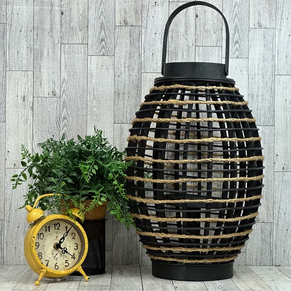 Other - Lantern Home Decor Wooden & Twine Rope With A Center Candle Holder Black & Tan